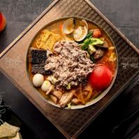 5. Stinky Tofu Hot Soup · Taiwanese cabbage, pork slices, fermented tofu, vermicelli, enoki mushroom, kamaboko, clam, ...