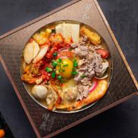 7. Kimchi Dumpling Hot Soup · Taiwanese cabbage, pork slices, kimchi, dumpling, vermicelli, mini sausage, shrimp, enoki mu...
