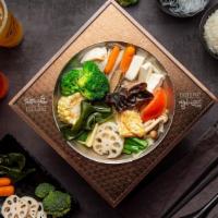 6. Healthy Veggie Hot Soup · Taiwanese cabbage, vermicelli, enoki mushroom, tomato, corn, lotus root, fried tofu skin, Ch...