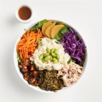 Tofu Noodle Salad Bowl · Tofu shirataki noodles, organic mixed greens, wakame salad, red cabbage, carrot, edamame, an...