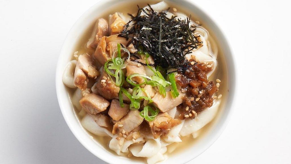 Tofu Noodle Soup · Tofu shirataki noodles in miso and shiitake based broth, wakame seaweed, kizami nori, sesame and green onion.
