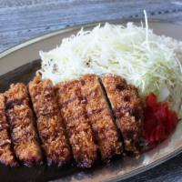 Pork Katsu Curry  · Panko fried crispy pork cutlet curry with katsu sauce served with shredded cabbage, Fukujin-...