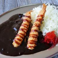Japanese Fried Shrimp · Panko fried shrimp curry with katsu sauce served with shredded cabbage, Fukujin-pickles and ...