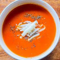 Tomato and Roasted Red Bell Pepper Soup · Tomato and roasted red bell pepper with shredded mozzarella cheese. *Gluten Free *Vegan opti...