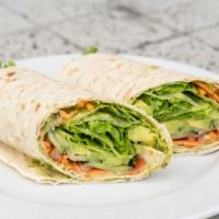 Vegan Hummus Wrap · Lavash with Hummus, House-made Vegan Pesto, Avocado, Cucumber, Tomato, Shredded Carrots & Gr...