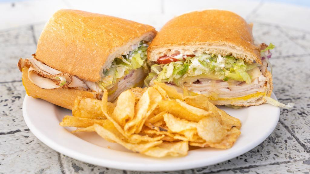 Turkey Hot Sub · Turkey and melted cheese with mayo, mustard, lettuce, tomato, onions and special sauce.