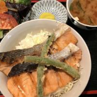 Shioyaki Salmon Don · Grilled salmon either with lightly salted with cabbage over rice.