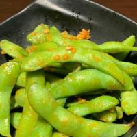 Spicy Edamame · Tossed in hot sauce with garlic and dashi sauce. Spicy and savory!!