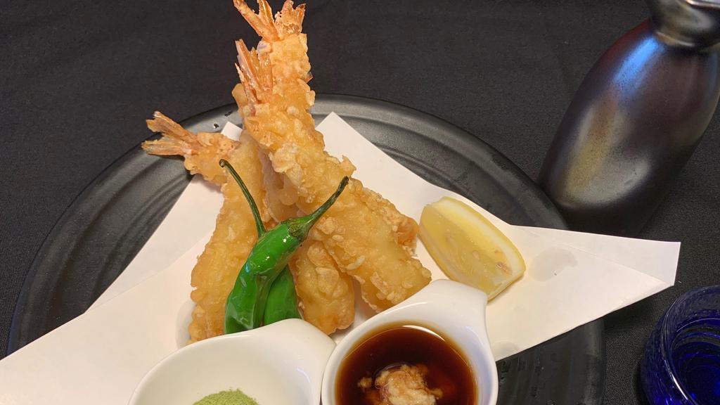 Shrimp Tempura (4 pcs) · Lightly battered deep fried shrimp. Served with matcha salt and ginger soy sauce.