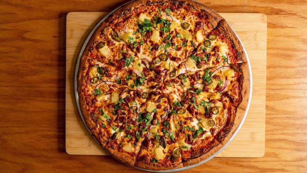 Al Pastor Hornito's Pizza · Pork marinated, pineapple, jalapeños, red onions, cilantro.