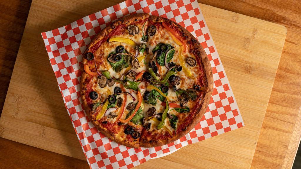 Vegetarian Pizza · Bell pepper, mushrooms, black olives, red onions, grape tomatoes, spinach.