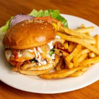 Fat Buffalo Bacon Chicken Sandwich · Homemade sesame bread, ranch, bacon, grilled chicken, buffalo sauce, red onions, tomatoes, s...
