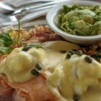 California Benedict · Avocado, canadian bacon, on english muffin, poached eggs, and hollandaise sauce.