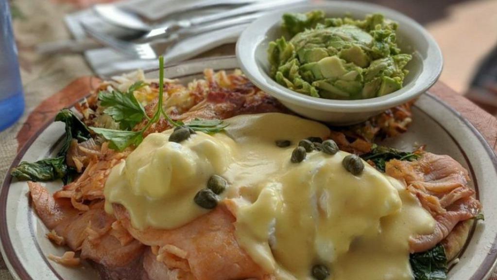 California Benedict · Avocado, Canadian bacon, on English Muffin, two poached eggs and Hollandaise sauce.