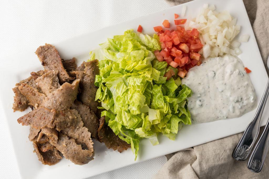 Gyros Platter · Combination of lamb and beef with lettuce, tomato, onions ,tzatziki sauce served with homemade pita bread.