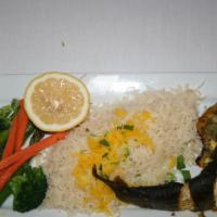 52. Baked Trout whole · Whole baked Trout (head off)served with saffron basmati rice and garden fresh vegetables.
