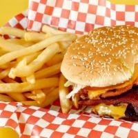 Bocca Burger Deluxe · With grilled onions, and cheese.  Served with fries.