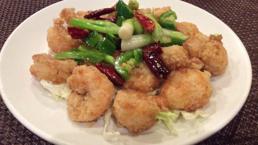 Salt Pepper Prawns · Hot. Jumbo shelled prawns lightly breaded and salt baked to seal in their juices.