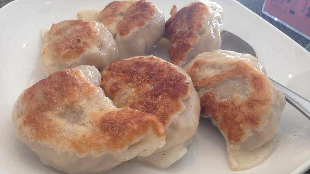 Potstickers Pork (6) · Homemade pan fried pork dumplings.  A restaurant favorite served with house chili oil
