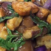 Basil Eggplant · Hot. Generous portions of Asian eggplant stir-fried with aromatic basil leaves.