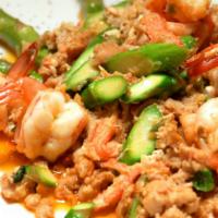 Asparagus Lobster Sauce · Fresh organic asparagus sautéed with lobster, shrimp, minced chicken, white egg and white wi...