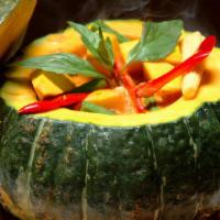 Pumpkin Curry · Thai style red curry with pumpkin and choice of meat or seafood with sweet basil, bell peppe...