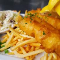 Fish and Chips · Beer battered cod fillets, tartar sauce, shoestring fries, coleslaw.