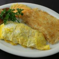 Ham Omelette · Ham & Cheese Omelette. 
Served with rice, beans & choice of tortilla or 
Hash brown or count...