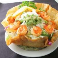 Shrimp Tostada Salad · Tostada Flour Shell with Whole beans,  Red mole, Green Salad, guacamole,  sour cream , chees...