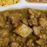 Chile Verde Pork with rice and beans · Served with rice, beans and flour or corn tortillas.