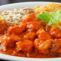 Shrimp Deviled Style Plate · Rice, beans , side salad & choice of tortillas
