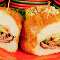 Grilled Tri Tip · fresh roasted tri tip, w/sauteed onions & bell pepper on a french roll