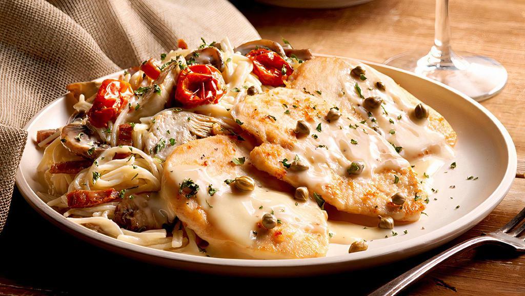 Chicken Scaloppine · Chicken breast, artichokes, mushrooms, capers, prosciutto, lemon butter, capellini (606 cal.).