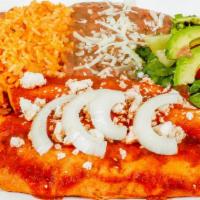 Enchilada · Tortilla wrapped around cheese, onions, lettuce, tomatoes, sour cream and avocado, choice of...