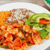Camaron Ranchero · Shrimp with tomatoes, onions and jalapeños. With side of rice, beans, lettuce and avocado.
