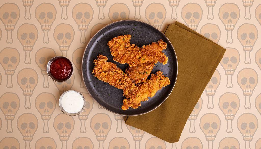 Fried Chicken Tenders · Four crispy chicken tenders with your choice of dipping sauce.