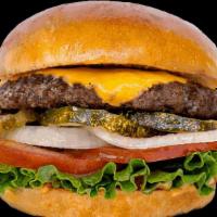 B'igi AMERICANO · 1/4 lb Angus Beef, ini Sauce, american cheese, lettuce, tomato, pickles, onions.
