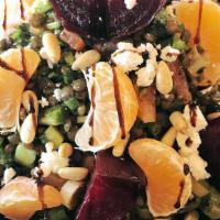 Beet Salad · Roasted red beets, arugula, fresh mandarins, roasted almonds, olive oil, balsamic glaze, fin...