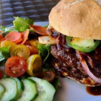 BBQ Bacon Cheddar · house-baked sourdough bun, beyond patty, thick-sliced bacon (soy/wheat protein), smoky chedd...