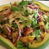 Thai Crunch Salad · Our signature salad, shredded romaine lettuce, grilled chicken, cucumber, peanuts, carrot & ...