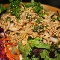 Chicken Salad (Larb) · Minced chicken mixed with chopped onion, lime juice, crushed tossed rice, served with organi...