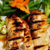 Salmon Satay · Grilled salmon with teriyaki sauce served w/ peanut sauce and steamed vegetables.