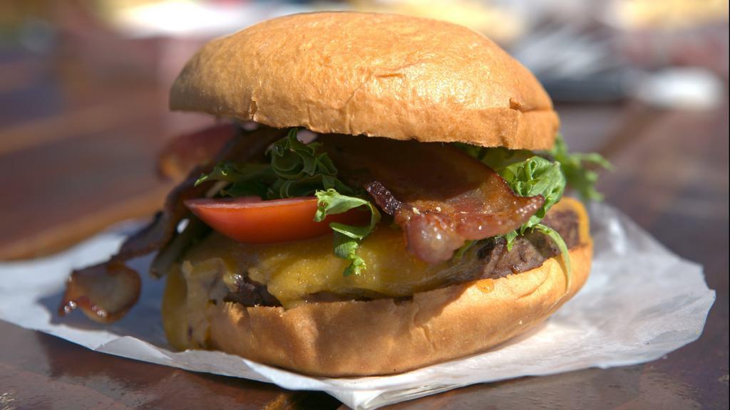 BACON CHEESEBURGER · 1/3lb Angus Beef Patty/Cheddar/Applewood Smoked Bacon / Lettuce / Tomato / Onion / Brioche Bun