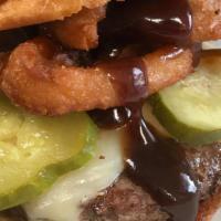 WOODY BURGER · Angus Beef Patty/ Jack and Cheddar Cheese / Onion Rings / BBQ Sauce / Brioche Bun