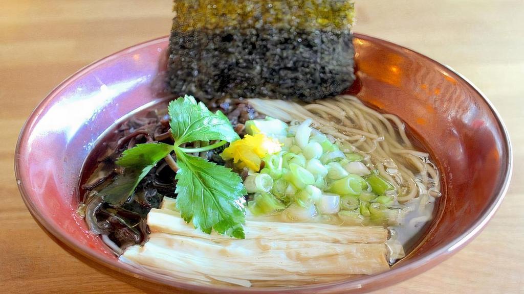 Yuzu Shio Ramen (vegetable) · Our signature Yuzu Shio Ramen, Made with clear kelp and shiitake mushroom broth topped with fried tofu, mitsuba herb, green onion, nori seaweed and kikurage mushrooms.