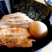 Ajitama Tsukemen · Cold thick noodle and rich dipping soup made with pork, chicken, dried anchovy, and dried bo...