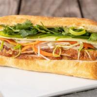 Z74. Porchetta (Pork Belly) Bánh Mi · Pork belly, demi baguette, pickled carrots & daikon, cilantro, scallions, cucumbers, jalapen...