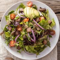 Z7Q. Shaking Beef Salad · Tri-tip, organic mixed greens, avocados, tomatoes, red onions, balsamic vinaigrette