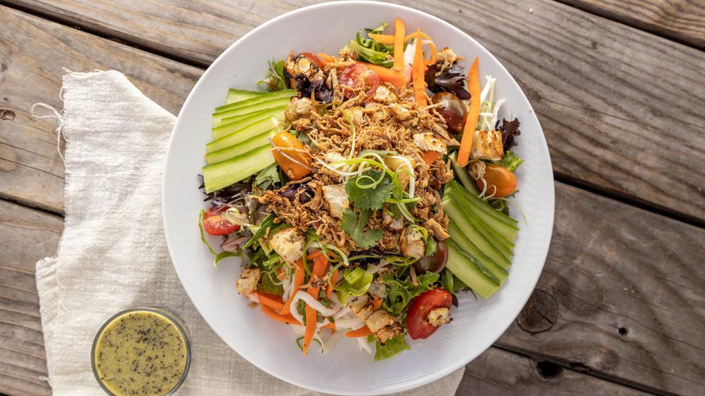 Z75. Chicken Salad · Shredded roasted chicken, organic mixed greens, cilantro, scallions, pickled carrots and daikon, cucumber, poppy seed vinaigrette....