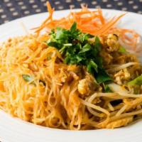 Pad Thai · Stir-fry thin rice noodles with Pad Thai sauce, eggs, bean sprouts, scallions, peanuts, and ...